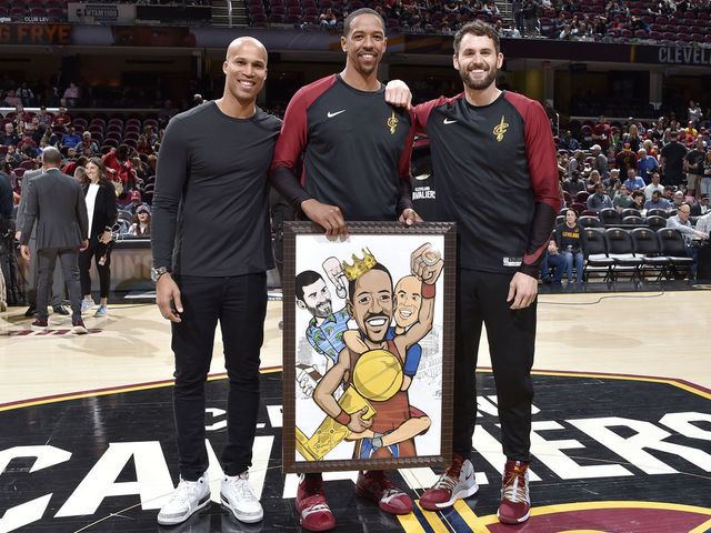 CLEVELAND, OH - APRIL 7: Channing Frye #9 of the Cleveland Cavaliers honored prior to the game against the San Antonio Spurs on April 7, 2019 at Quicken Loans Arena in Cleveland, Ohio. NOTE TO USER: User expressly acknowledges and agrees that, by downloading and/or using this Photograph, user is consenting to the terms and conditions of the Getty Images License Agreement. Mandatory Copyright Notice: Copyright 2019 NBAE