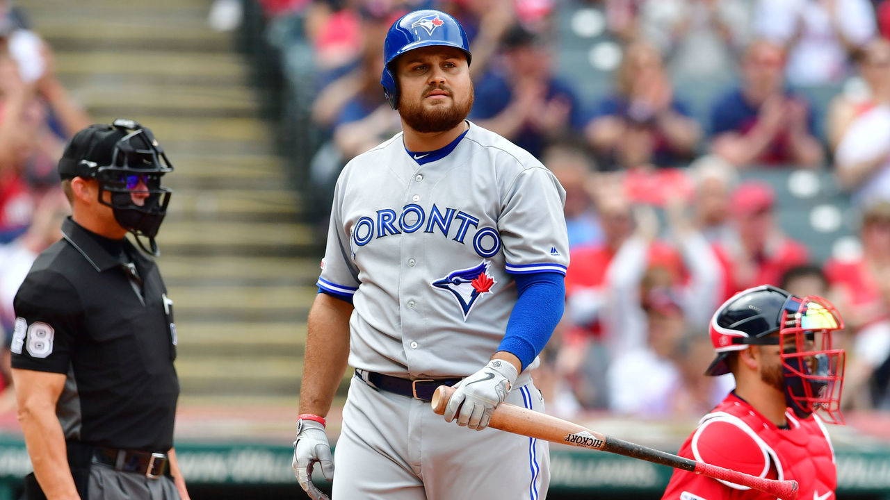 CLEVELAND, OHIO - APRIL 07: Rowdy Tellez #44 of the Toronto Blue Jays reacts after striking out during the fourth inning against the Cleveland Indians at Progressive Field on April 07, 2019 in Cleveland, Ohio.