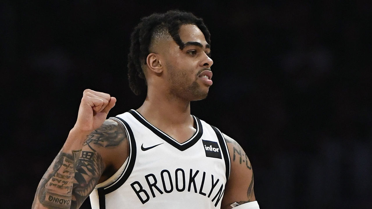 LOS ANGELES, CA - MARCH 22: D'Angelo Russell #1 of the Brooklyn Nets celebrates against Los Angeles Lakers during the second half of their basketball game at Staples Center on March 22, 2019 in Los Angeles, California.