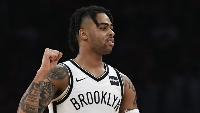 LOS ANGELES, CA - MARCH 22: D'Angelo Russell #1 of the Brooklyn Nets celebrates against Los Angeles Lakers during the second half of their basketball game at Staples Center on March 22, 2019 in Los Angeles, California.