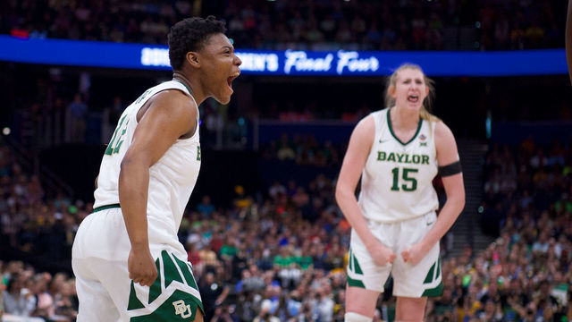 TAMPA, FL - APRIL 07: Moon Ursin #12 and Lauren Cox #15 of the Baylor Bears celebrate a basket againstg the Notre Dame Fighting Irish at Amalie Arena on April 7, 2019 in Tampa, Florida.