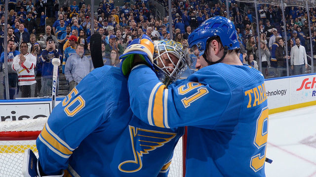 ST. LOUIS, MO - APRIL 6: Vladimir Tarasenko #91 of the St. Louis Blues congratulates Jordan Binnington #50 of the St. Louis Blues after beating the Vancouver Canucks in a shoot out 3-2 at Enterprise Center on April 6, 2019 in St. Louis, Missouri.
