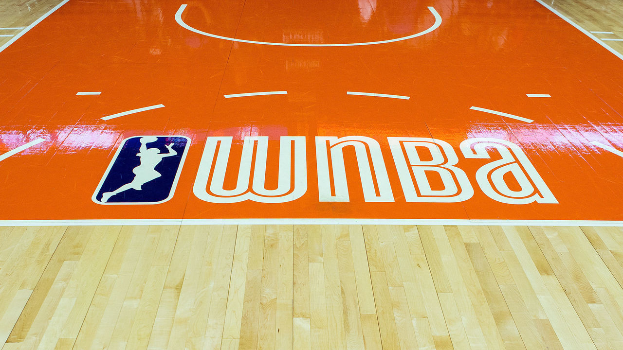 UNCASVILLE, CT - JUNE 27: A general view of the WNBA logo on June 27, 2018, at Mohegan Sun Arena in Uncasville, CT. Connecticut won 101-89.