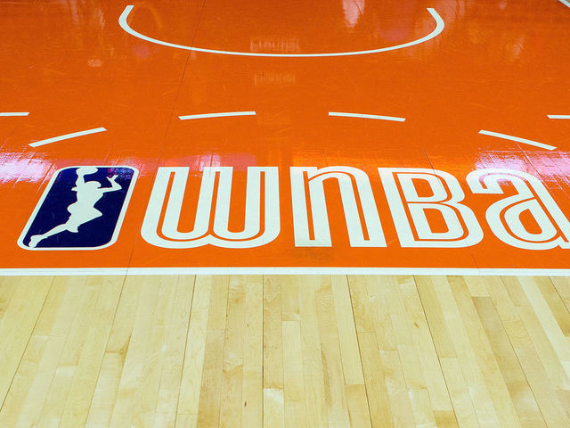 UNCASVILLE, CT - JUNE 27: A general view of the WNBA logo on June 27, 2018, at Mohegan Sun Arena in Uncasville, CT. Connecticut won 101-89.