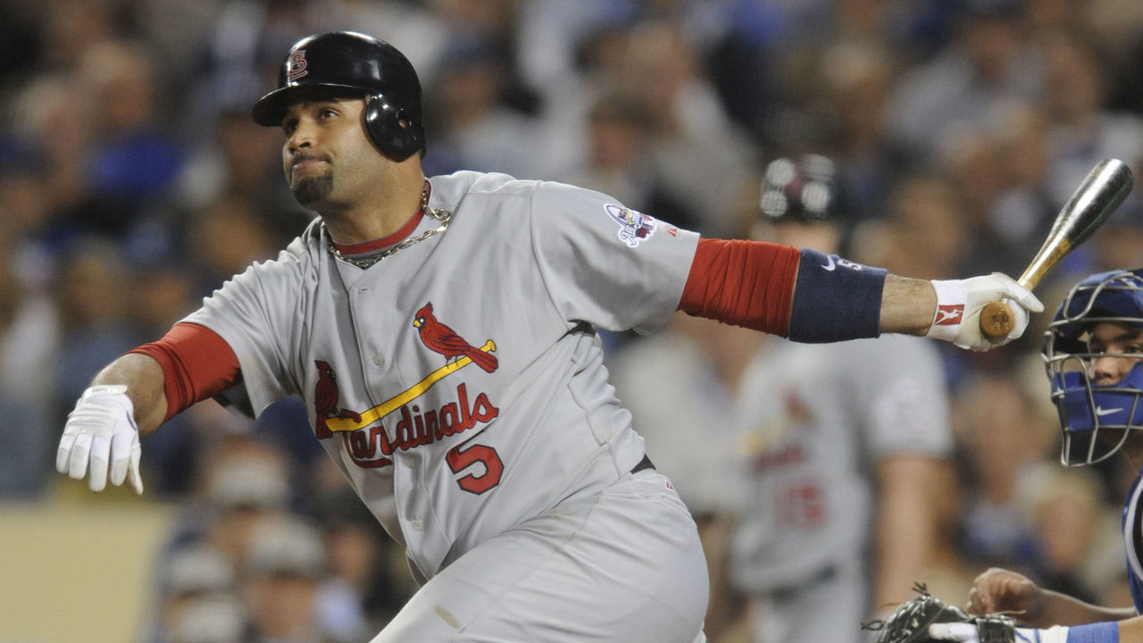 7 October 2009: St. Louis Cardinals' Albert Pujols (5) hits during a game against the Los Angeles Dodgers at Dodgers Stadium in Los Angeles, CA. Photo by Matt A. Brown/MLB.com