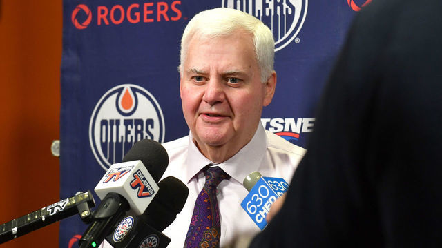 EDMONTON, AB - MARCH 9: Ken Hitchcock of the Edmonton Oilers speaks to the media prior to the game against the Toronto Maple Leafs on March 9, 2019 at Rogers Place in Edmonton, Alberta, Canada.