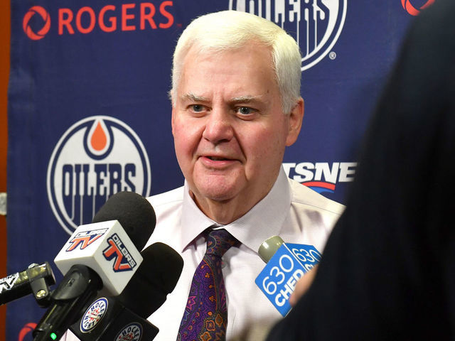 EDMONTON, AB - MARCH 9: Ken Hitchcock of the Edmonton Oilers speaks to the media prior to the game against the Toronto Maple Leafs on March 9, 2019 at Rogers Place in Edmonton, Alberta, Canada.
