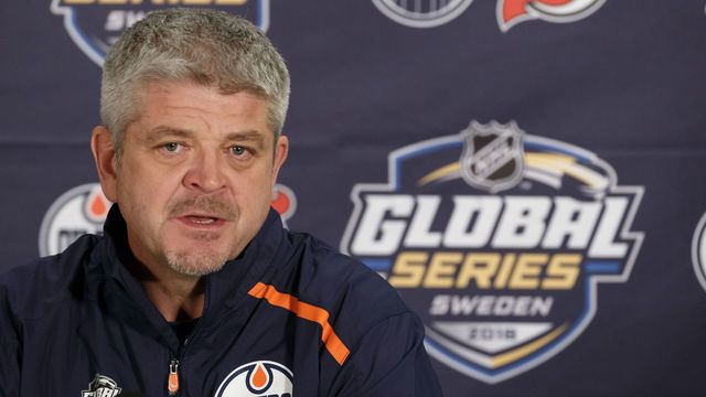 GOTHENBURG, SWE - OCTOBER 4: Head coach Todd McLellan of the Edmonton Oilers answers questions from the media at Scandinavium on October 4, 2018 in Gothenburg, Sweden.
