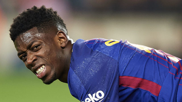 BARCELONA, SPAIN - FEBRUARY 24: Ousmane Dembele of Barcelona reacts during the La Liga match between Barcelona and Girona at Camp Nou on February 24, 2018 in Barcelona, Spain.