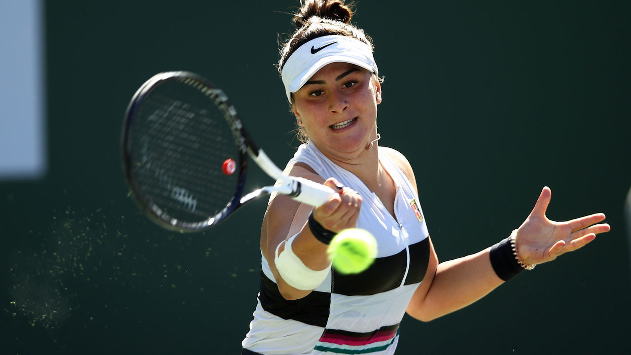 INDIAN WELLS, CALIFORNIA - MARCH 17: Bianca Andreescu of Canada plays a forehand against Angelique Kerber of Germany during their women's singles final on day fourteen of the BNP Paribas Open at the Indian Wells Tennis Garden on March 17, 2019 in Indian Wells, California.