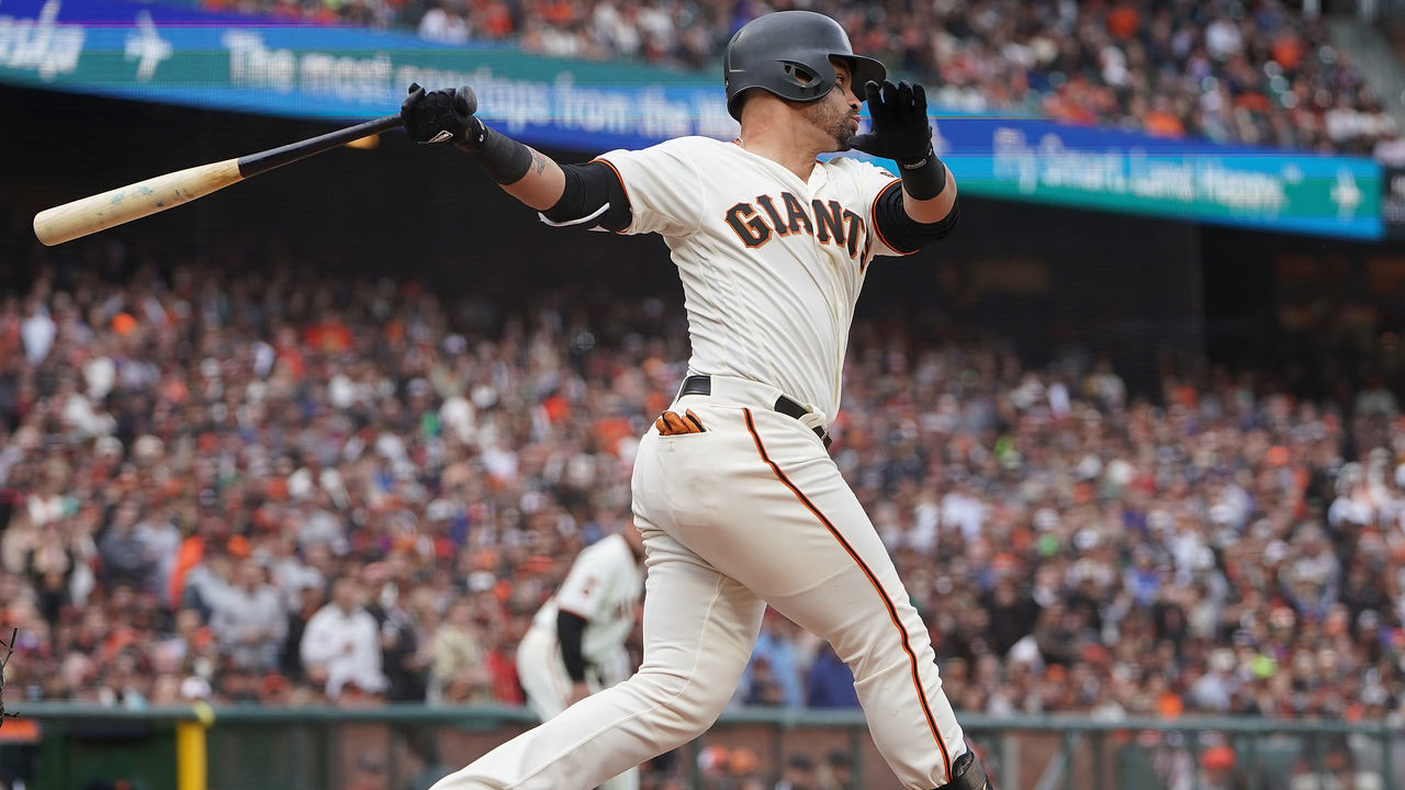 SAN FRANCISCO, CA - APRIL 05: Gerardo Parra #8 of the San Francisco Giants bats against the Tampa Bay Rays in the bottom of the eighth inning of a Major League Baseball game on Opening Day at Oracle Park on April 5, 2019 in San Francisco, California.
