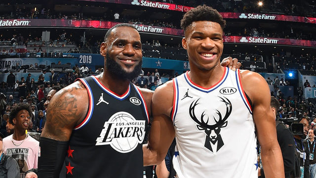 CHARLOTTE, NC - FEBRUARY 17: LeBron James #23 of Team LeBron and Giannis Antetokounmpo #34 of Team Giannis pose for a photo after the 2019 NBA All-Star Game on February 17, 2019 at the Spectrum Center in Charlotte, North Carolina. NOTE TO USER: User expressly acknowledges and agrees that, by downloading and/or using this photograph, user is consenting to the terms and conditions of the Getty Images License Agreement. Mandatory Copyright Notice: Copyright 2019 NBAE