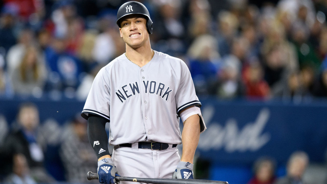 TORONTO, ON - JUNE 06: New York Yankees Outfield Aaron Judge (99) reacts after striking out during the MLB regular season game between the Toronto Blue Jays and the New York Yankees on June 6, 2018, at Rogers Centre in Toronto, ON, Canada. (Photograph by Julian Avram/Icon Sportswire via Getty Images)