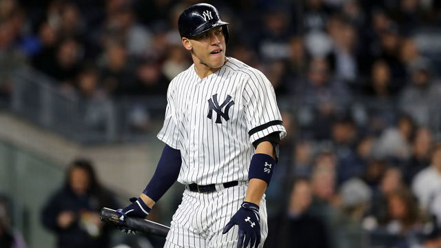 NEW YORK, NY - OCTOBER 16: Aaron Judge #99 of the New York Yankees looks on after striking out against Charlie Morton #50 the Houston Astros during the first inning in Game Three of the American League Championship Series at Yankee Stadium on October 16, 2017 in the Bronx borough of New York City.