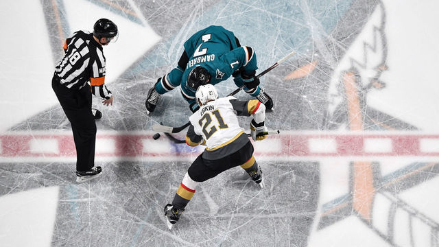 SAN JOSE, CA - MARCH 30: An overhead view as Dylan Gambrell #7 of the San Jose Sharks takes the face-off against Cody Eakin #21 of the Vegas Golden Knights at SAP Center on March 30, 2019 in San Jose, California