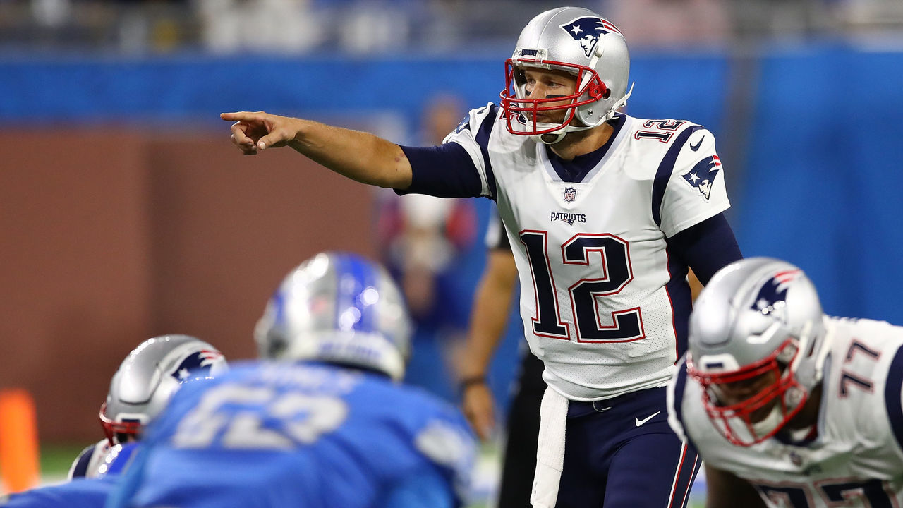 DETROIT, MI - SEPTEMBER 23: Tom Brady #12 of the New England Patriots calls a signal while playing the Detroit Lions at Ford Field on September 23, 2018 in Detroit, Michigan.