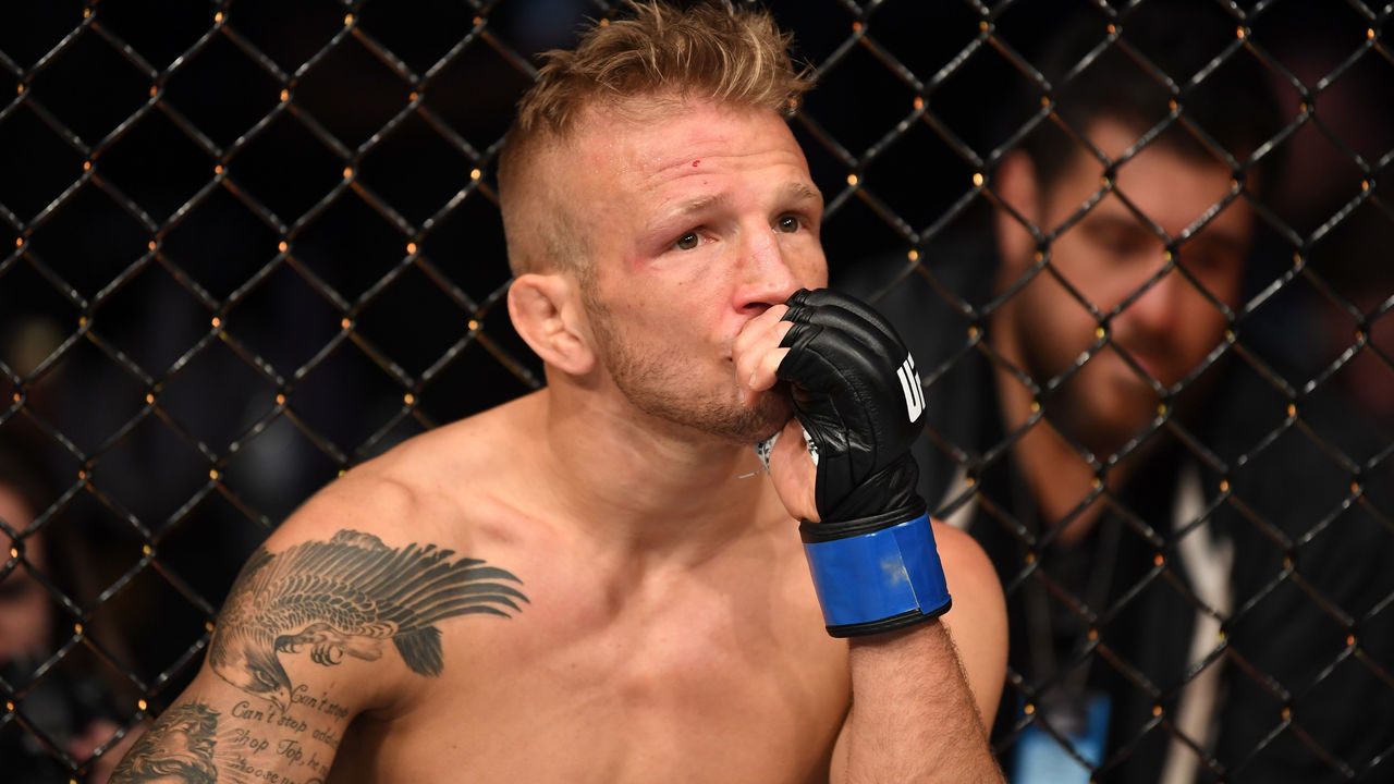 NEW YORK, NY - JANUARY 19: TJ Dillashaw reacts after his loss to Henry Cejudo in their flyweight bout during the UFC Fight Night event at the Barclays Center on January 19, 2019 in the Brooklyn borough of New York City.