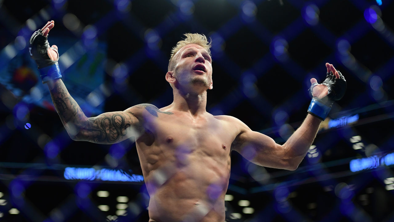 NEW YORK, NEW YORK - JANUARY 19: TJ Dillashaw reacts to the judge's decision that ended his UFC Flyweight title match against Henry Cejudo at UFC Fight Night at Barclays Center on January 19, 2019 in New York City.