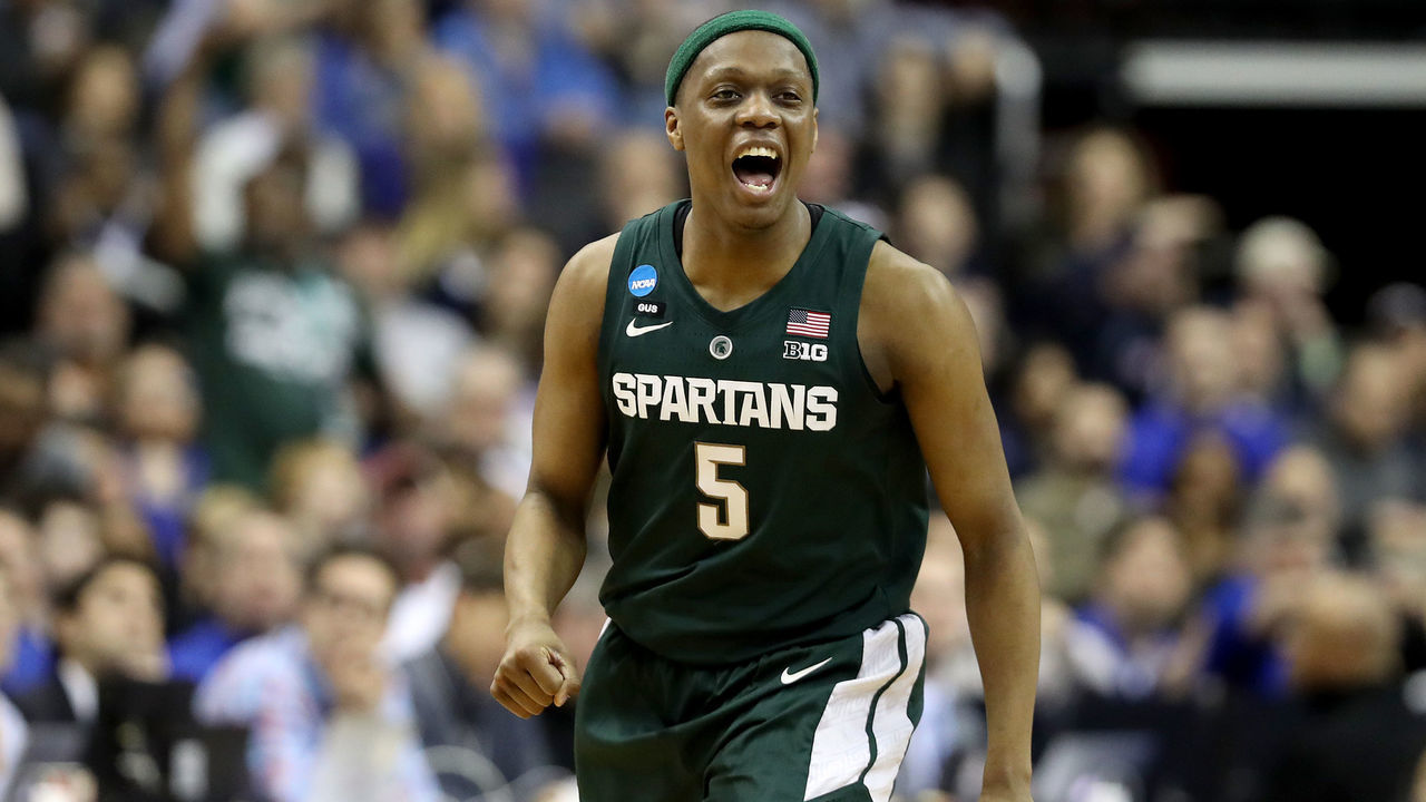 WASHINGTON, DC - MARCH 31: Cassius Winston #5 of the Michigan State Spartans celebrates a basket against the Duke Blue Devils during the first half in the East Regional game of the 2019 NCAA Men's Basketball Tournament at Capital One Arena on March 31, 2019 in Washington, DC.