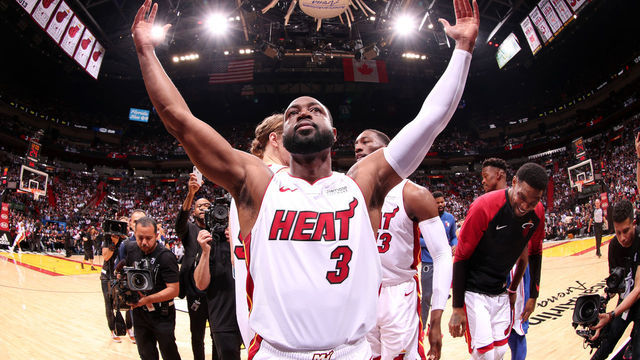 MIAMI, FL - APRIL 9: Dwyane Wade #3 of the Miami Heat excites the crowd prior to the game against the Philadelphia 76ers on April 9, 2019 at American Airlines Arena in Miami, Florida. Mandatory Copyright Notice: Copyright 2019 NBAE