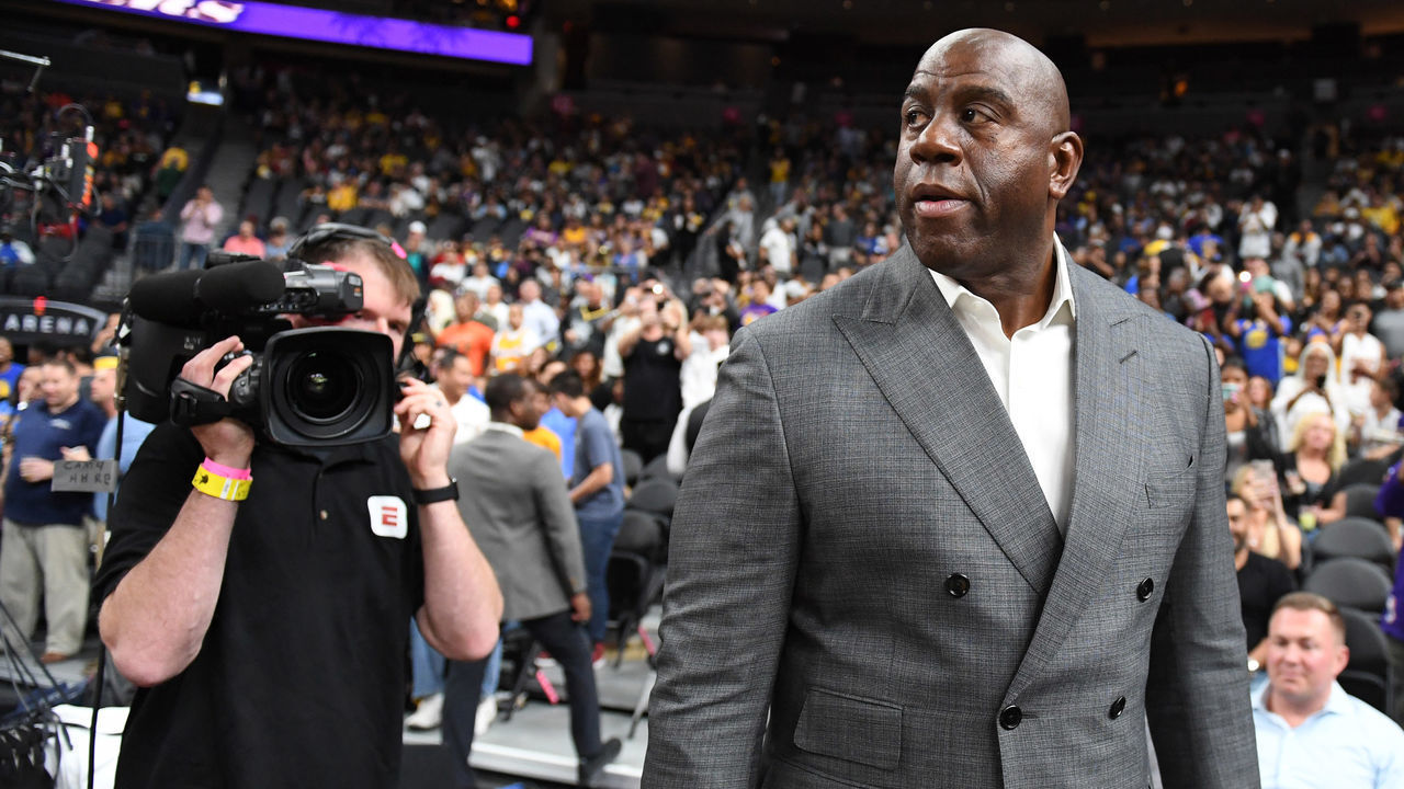 LAS VEGAS, NEVADA - OCTOBER 10: Los Angeles Lakers president of basketball operations Earvin 'Magic' Johnson arrives at the Lakers' preseason game against the Golden State Warriors at T-Mobile Arena on October 10, 2018 in Las Vegas, Nevada. The Lakers defeated the Warriors 123-113.