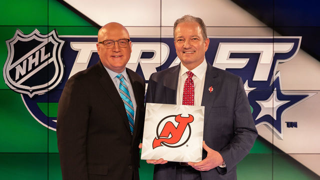 TORONTO, ON - APRIL 10: NHL Deputy Commissioner Bill Daly poses with New Jersey Devils General Manager Ray Shero after the New Jersey Devils won the first overall pick during the NHL Draft Lottery at the CBC Studios on April 10, 2019 in Toronto, Ontario, Canada.