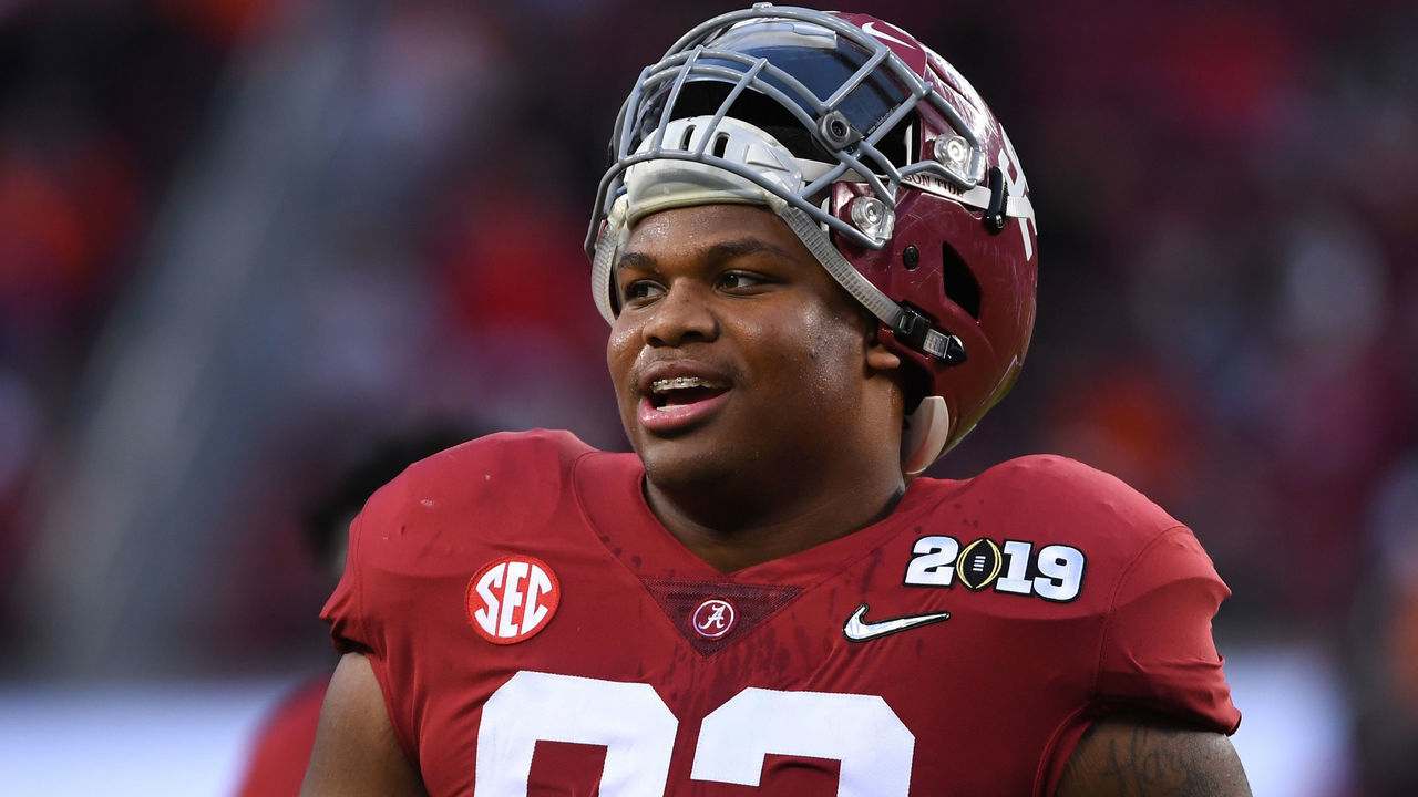 SANTA CLARA, CA - JANUARY 07: Quinnen Williams #92 of the Alabama Crimson Tide smiles before taking on the Clemson Tigers during the College Football Playoff National Championship held at Levi's Stadium on January 7, 2019 in Santa Clara, California.