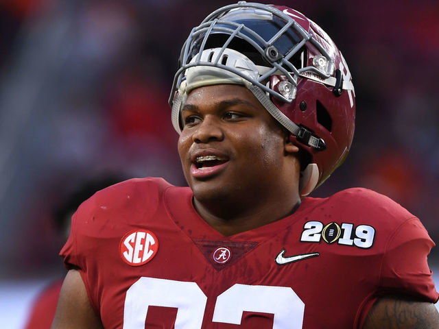 SANTA CLARA, CA - JANUARY 07: Quinnen Williams #92 of the Alabama Crimson Tide smiles before taking on the Clemson Tigers during the College Football Playoff National Championship held at Levi's Stadium on January 7, 2019 in Santa Clara, California.