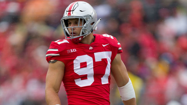 COLUMBUS, OH - SEPTEMBER 08: defensive end Nick Bosa (97) of the Ohio State Buckeyes stands during a timeout in a game between the Ohio State Buckeyes and the Rutgers Scarlet Nights on September 08, 2018 at Ohio Stadium in Columbus, Ohio.