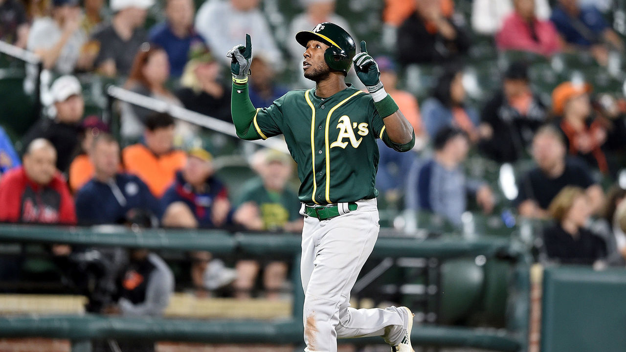 BALTIMORE, MD - APRIL 09: Jurickson Profar #23 of the Oakland Athletics celebrates after hitting a home run in the seventh inning against the Baltimore Orioles at Oriole Park at Camden Yards on April 9, 2019 in Baltimore, Maryland.