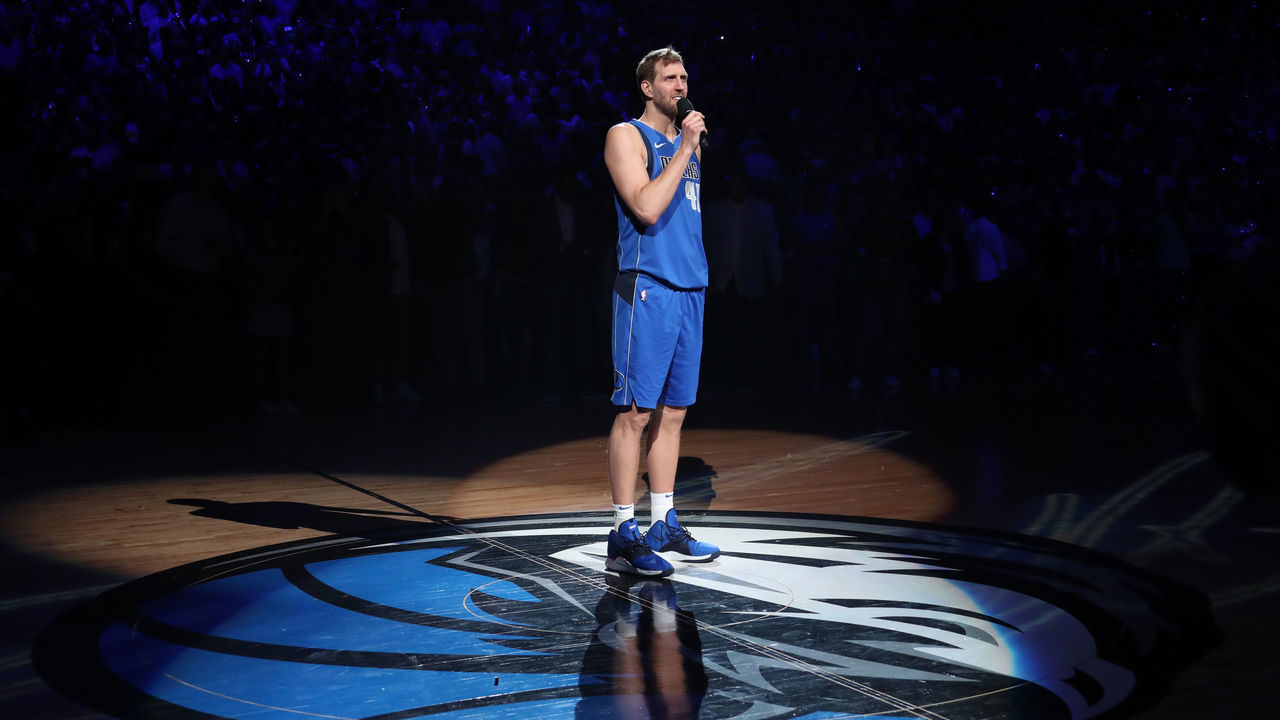 DALLAS, TX - APRIL 9: Dirk Nowitzki #41 of the Dallas Mavericks addresses the fans after the game against the Phoenix Suns on April 9, 2019 at American Airlines Center in Dallas, TX. Mandatory Copyright Notice: Copyright 2019 NBAE