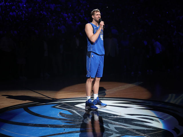DALLAS, TX - APRIL 9: Dirk Nowitzki #41 of the Dallas Mavericks addresses the fans after the game against the Phoenix Suns on April 9, 2019 at American Airlines Center in Dallas, TX. Mandatory Copyright Notice: Copyright 2019 NBAE