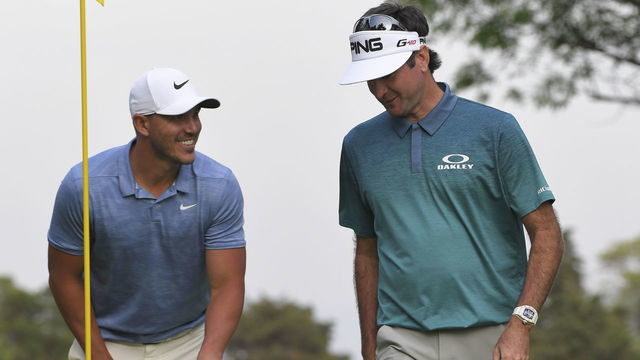 MEXICO CITY, MEXICO - FEBRUARY 22: (L-R) Brooks Koepka watches Bubba Watson heading towards his putt on the 18th green during the second round of the World Golf Championships-Mexico Championship at Club de Golf Chapultepec on February 22, 2019 in Mexico City, Mexico.