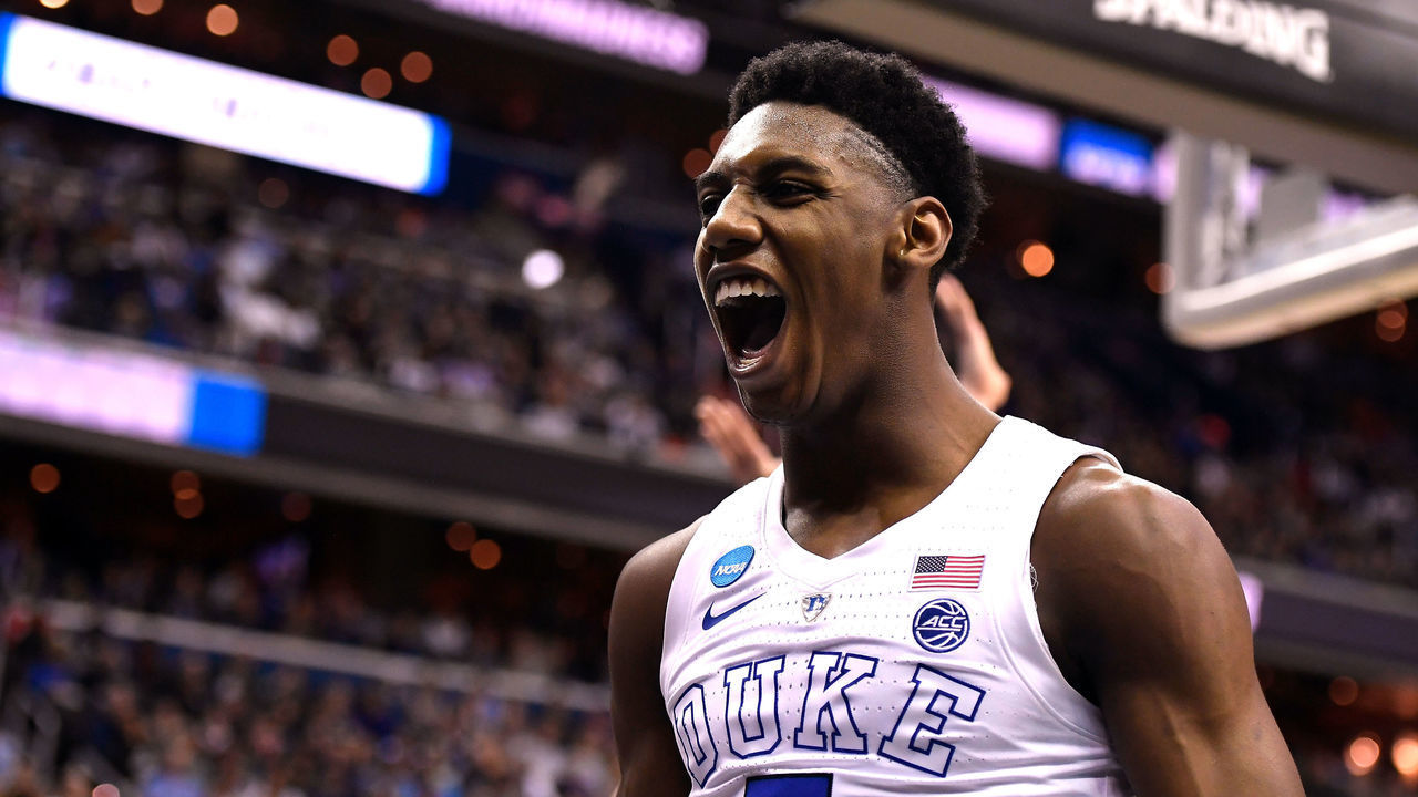 WASHINGTON, DC - MARCH 31: RJ Barrett #5 of the Duke Blue Devils reacts in the second half against the Michigan State Spartans during the 2019 NCAA Men's Basketball Tournament East Regional Final at Capital One Arena on March 31, 2019 in Washington, DC.