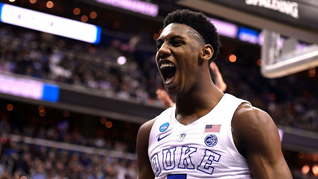 WASHINGTON, DC - MARCH 31: RJ Barrett #5 of the Duke Blue Devils reacts in the second half against the Michigan State Spartans during the 2019 NCAA Men's Basketball Tournament East Regional Final at Capital One Arena on March 31, 2019 in Washington, DC.