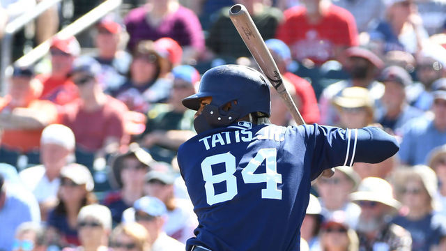 GOODYEAR, ARIZONA - MARCH 18: Fernando Tatis Jr #84 of the San Diego Padres follows through on a swing against the Cleveland Indians during a spring training game at Goodyear Ballpark on March 18, 2019 in Goodyear, Arizona.