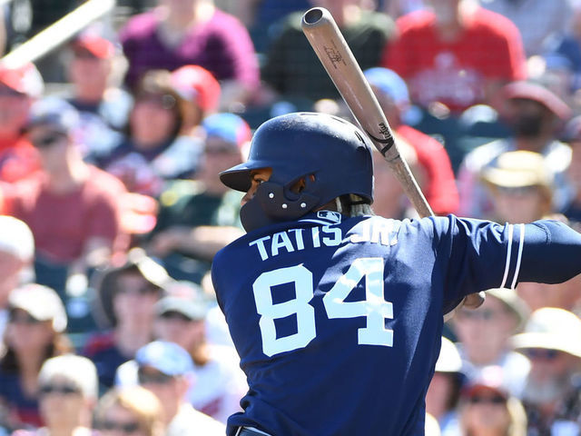 GOODYEAR, ARIZONA - MARCH 18: Fernando Tatis Jr #84 of the San Diego Padres follows through on a swing against the Cleveland Indians during a spring training game at Goodyear Ballpark on March 18, 2019 in Goodyear, Arizona.
