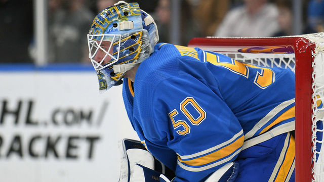 ST. LOUIS, MO - APRIL 06: St. Louis Blues goalie Jordan Binnington (50) during a NHL game between the Vancouver Canucks and the St. Louis Blues on April 06, 2019, at Enterprise Center, St. Louis, Mo.