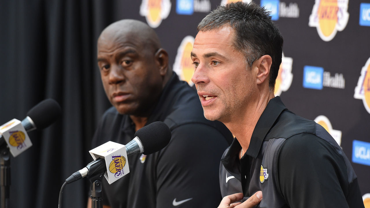 EL SEGUNDO, CA - SEPTEMBER 20: Lakers President of Basketball Operations Earvin 'Magic' Johnson and General Manager Rob Pelinka conduct a press conference at the Lakers UCLA Health Training Facility in El Segundo, California. Mandatory Copyright Notice: Copyright 2018 NBAE