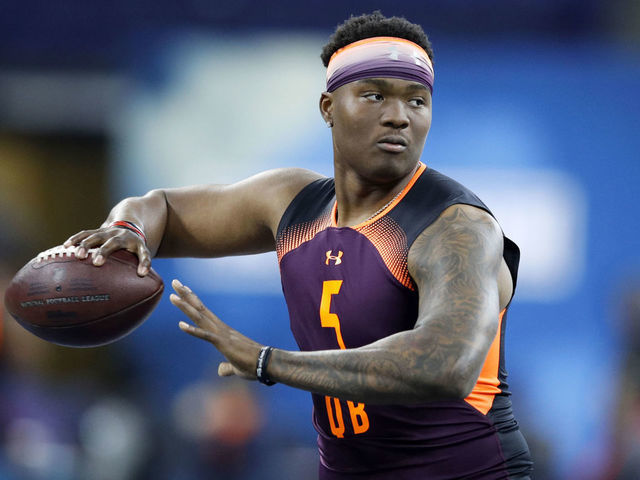 INDIANAPOLIS, IN - MARCH 02: Quarterback Dwayne Haskins of Ohio State in action during day three of the NFL Combine at Lucas Oil Stadium on March 2, 2019 in Indianapolis, Indiana.