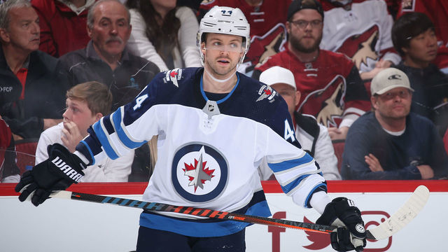 GLENDALE, ARIZONA - FEBRUARY 24: Josh Morrissey #44 of the Winnipeg Jets during the NHL game against the Arizona Coyotes at Gila River Arena on February 24, 2019 in Glendale, Arizona. The Coyotes defeated the Jets 4-1.