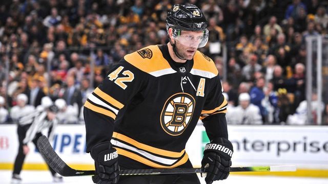 BOSTON, MA - APRIL 06: Boston Bruins Right Wing David Backes (42) skates up to take the face off. During the Boston Bruins game against the Tampa Bay Lightning on April 06, 2019 at TD Garden in Boston, MA.