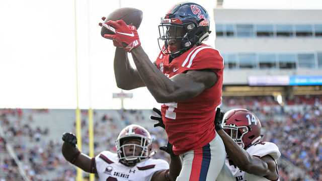 OXFORD, MS - SEPTEMBER 8: D.K. Metcalf #14 of the Mississippi Rebels catches a pass during a game against the Southern Illinois Salukis at Vaught-Hemingway Stadium on September 8, 2018 in Oxford, Mississippi. The Rebels defeated the Salukis 76-41.