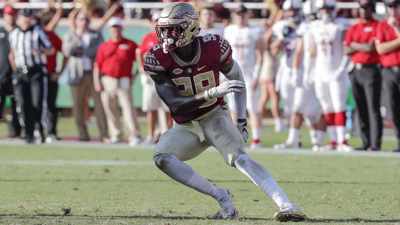 TALLAHASSEE, FL - SEPTEMBER 22: Defensive End Brian Burns #99 of the Florida State Seminoles in action during the game against the Northern Illinois Huskies at Doak Campbell Stadium on Bobby Bowden Field on September 22, 2018 in Tallahassee, Florida. The Seminoles defeated the Huskies 37 to 19.