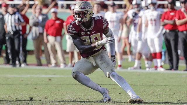 TALLAHASSEE, FL - SEPTEMBER 22: Defensive End Brian Burns #99 of the Florida State Seminoles in action during the game against the Northern Illinois Huskies at Doak Campbell Stadium on Bobby Bowden Field on September 22, 2018 in Tallahassee, Florida. The Seminoles defeated the Huskies 37 to 19.