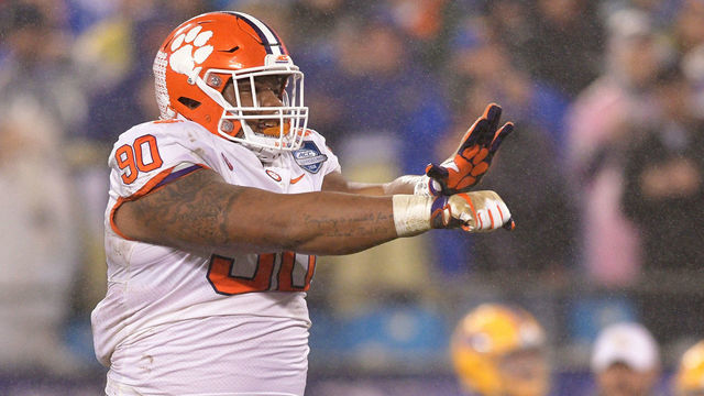 CHARLOTTE, NC - DECEMBER 01: Dexter Lawrence #90 of the Clemson Tigers reacts against the Pittsburgh Panthers in the first quarter during their game at Bank of America Stadium on December 1, 2018 in Charlotte, North Carolina.
