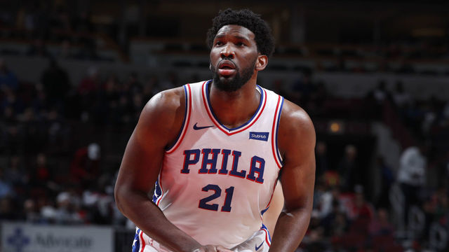 CHICAGO, IL - APRIL 6: Joel Embiid #21 of the Philadelphia 76ers shoots a free-throw against the Chicago Bulls on April 6, 2019 at United Center in Chicago, Illinois. Mandatory Copyright Notice: Copyright 2019 NBAE