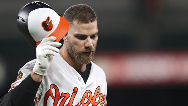BALTIMORE, MARYLAND - APRIL 08: Chris Davis #19 of the Baltimore Orioles looks on against the Oakland Athletics at Oriole Park at Camden Yards on April 8, 2019 in Baltimore, Maryland.
