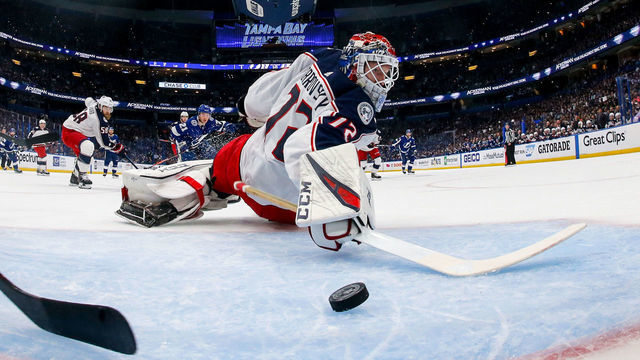 TAMPA, FL - APRIL 10: Goalie Sergei Bobrovsky #72 of the Columbus Blue Jackets looks back for a rebound against the Tampa Bay Lightning in Game One of the Eastern Conference First Round during the 2019 NHL Stanley Cup Playoffs at at Amalie Arena on April 10, 2019 in Tampa, Florida.
