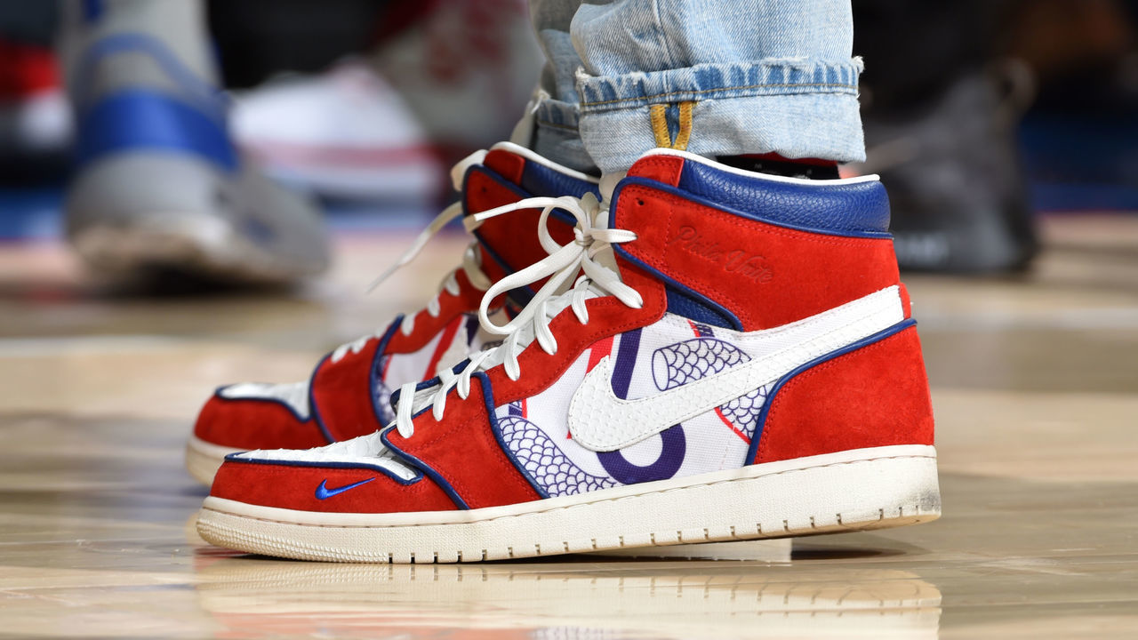 PHILADELPHIA, PA - APRIL 10: The sneakers of Ben Simmons #25 of the Philadelphia 76ers are worn during a game against the Chicago Bulls on April 10, 2019 at the Wells Fargo Center in Philadelphia, Pennsylvania NOTE TO USER: User expressly acknowledges and agrees that, by downloading and/or using this Photograph, user is consenting to the terms and conditions of the Getty Images License Agreement. Mandatory Copyright Notice: Copyright 2019 NBAE